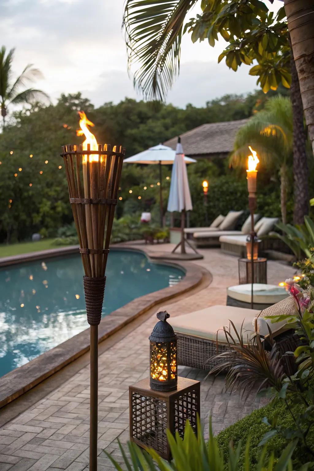 Tiki torches add a festive, tropical touch to any poolside.