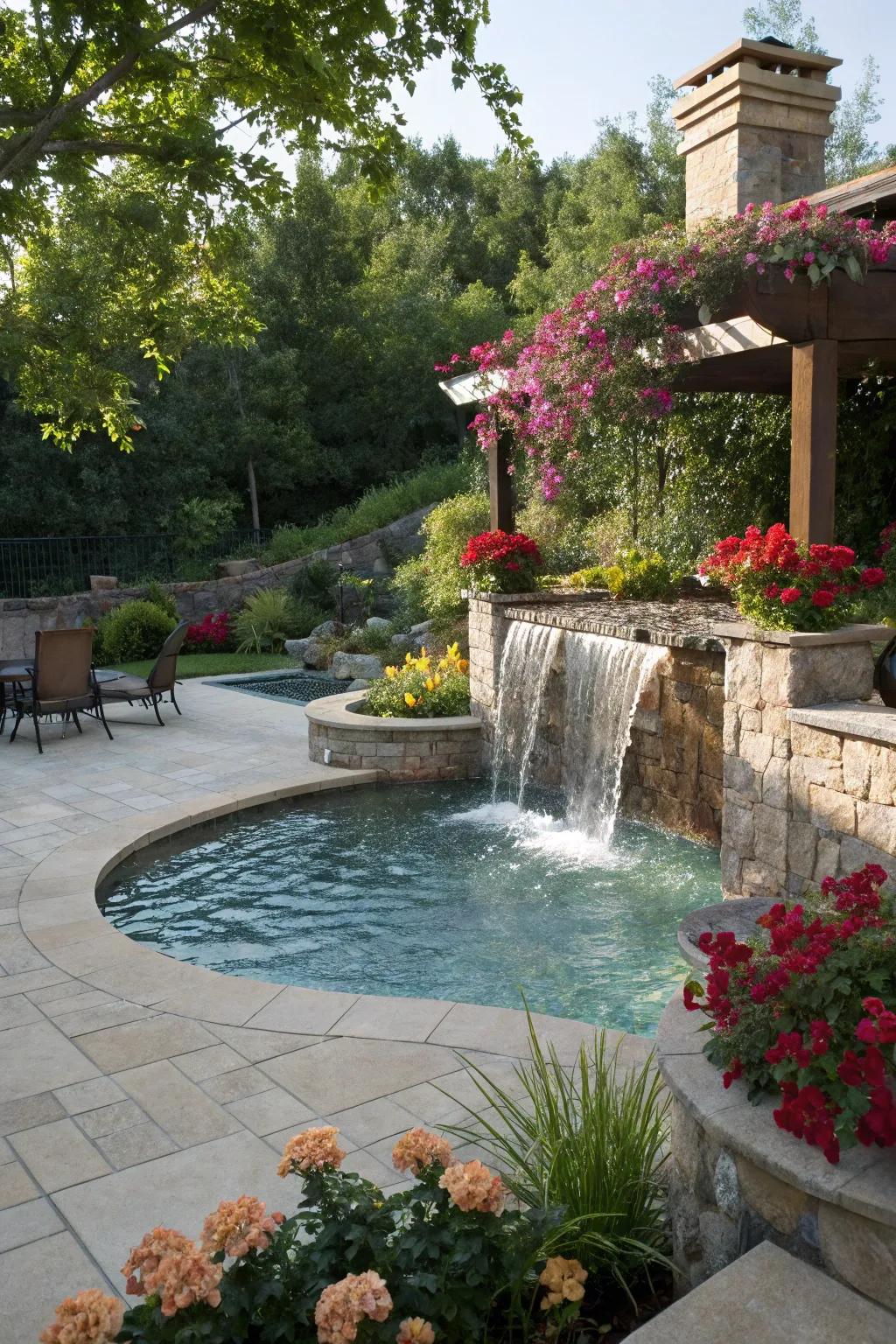 Create a serene atmosphere with a beautiful waterfall by your pool.