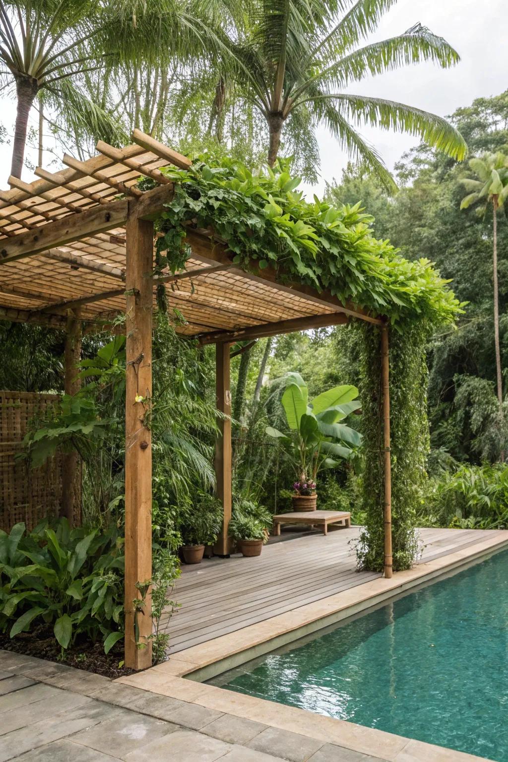 A sustainable bamboo pergola complementing a tropical garden poolside.