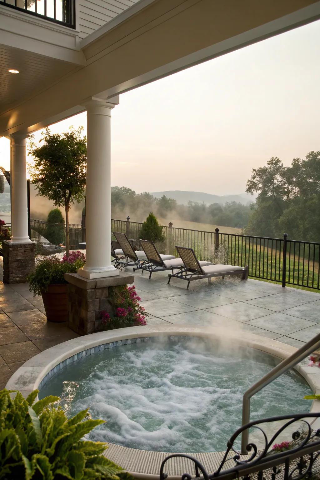 A cozy pool porch featuring a bubbling hot tub.