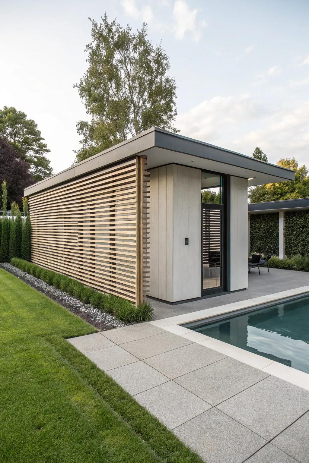 A modern pool pump house with a slatted ventilation design.