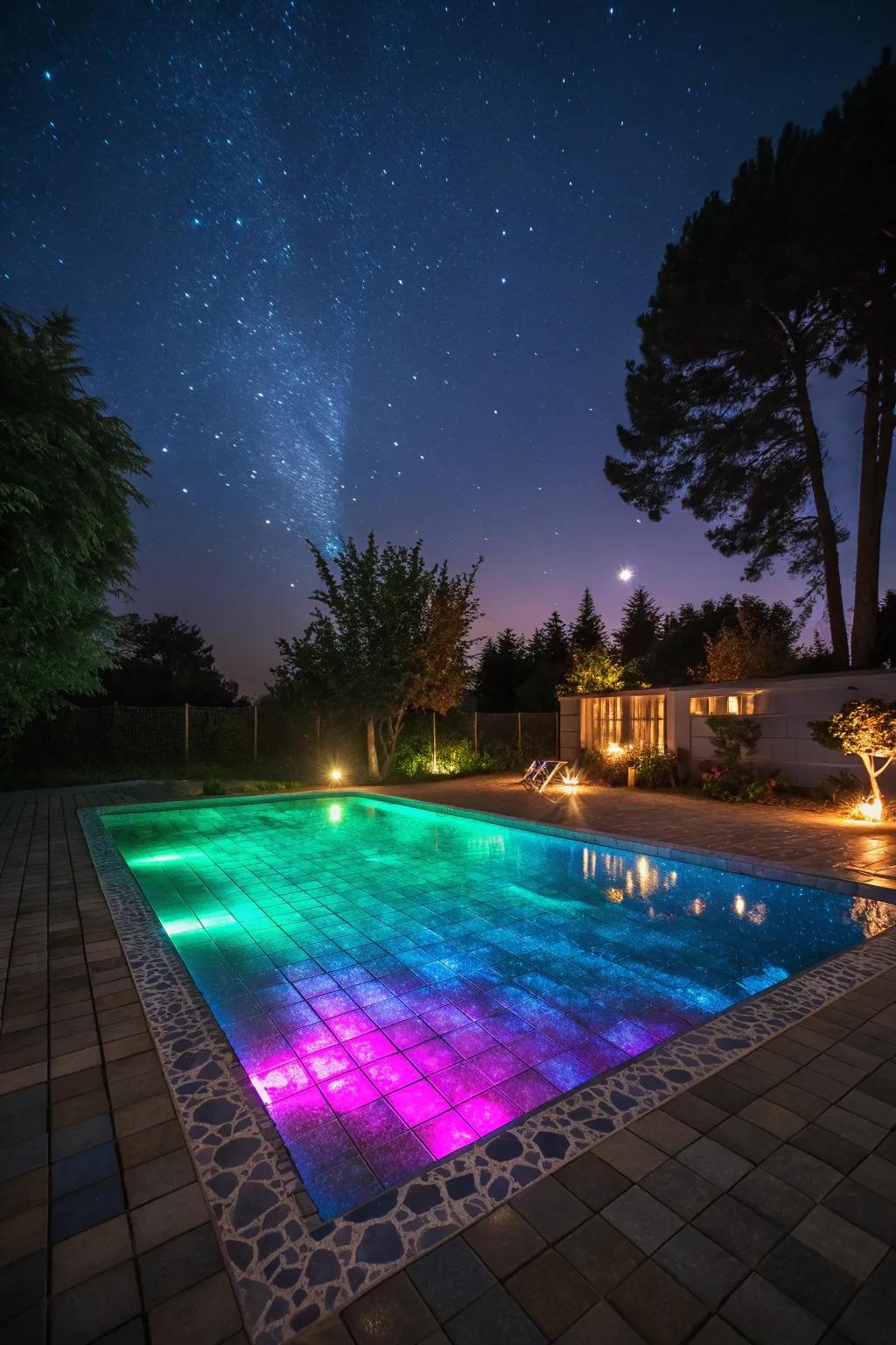 Transform your pool with strategic lighting for stunning night views.