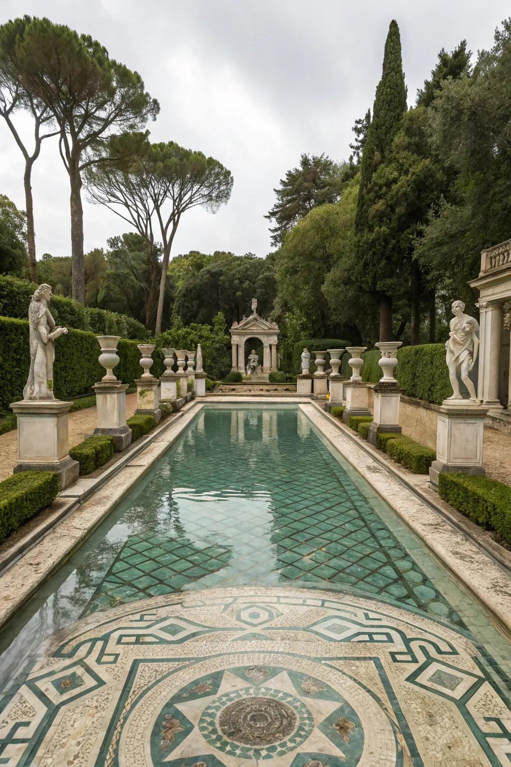 Add classical elegance with Roman and Grecian pool designs.