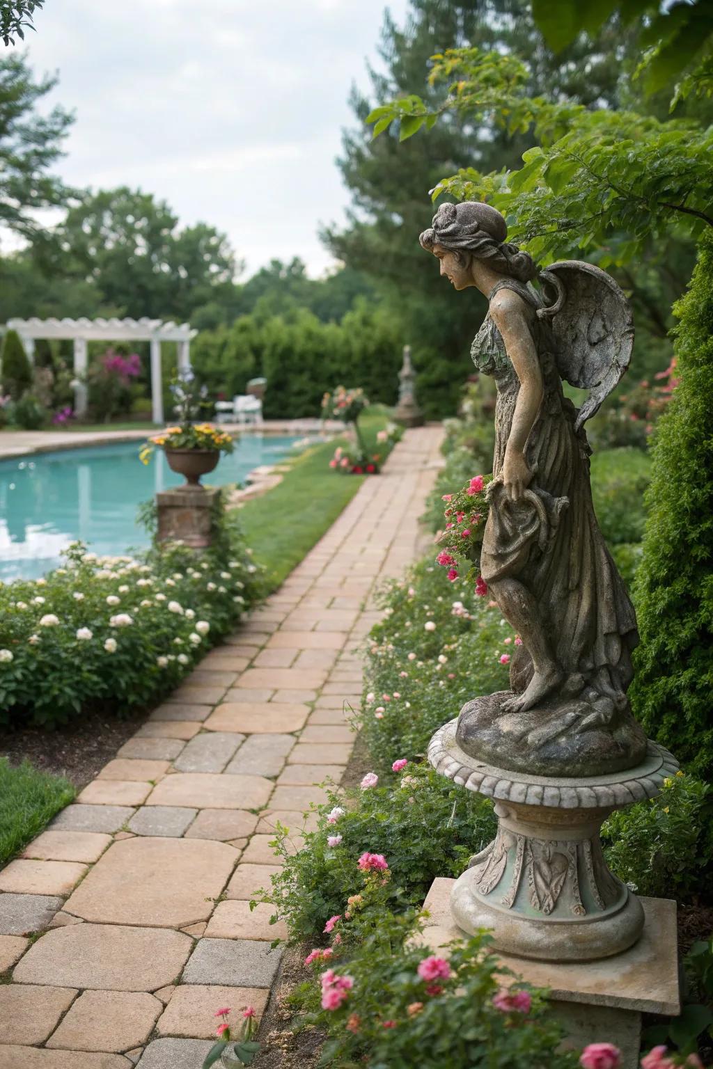 A nymph statue adds mystical charm to the garden pathway leading to the pool.