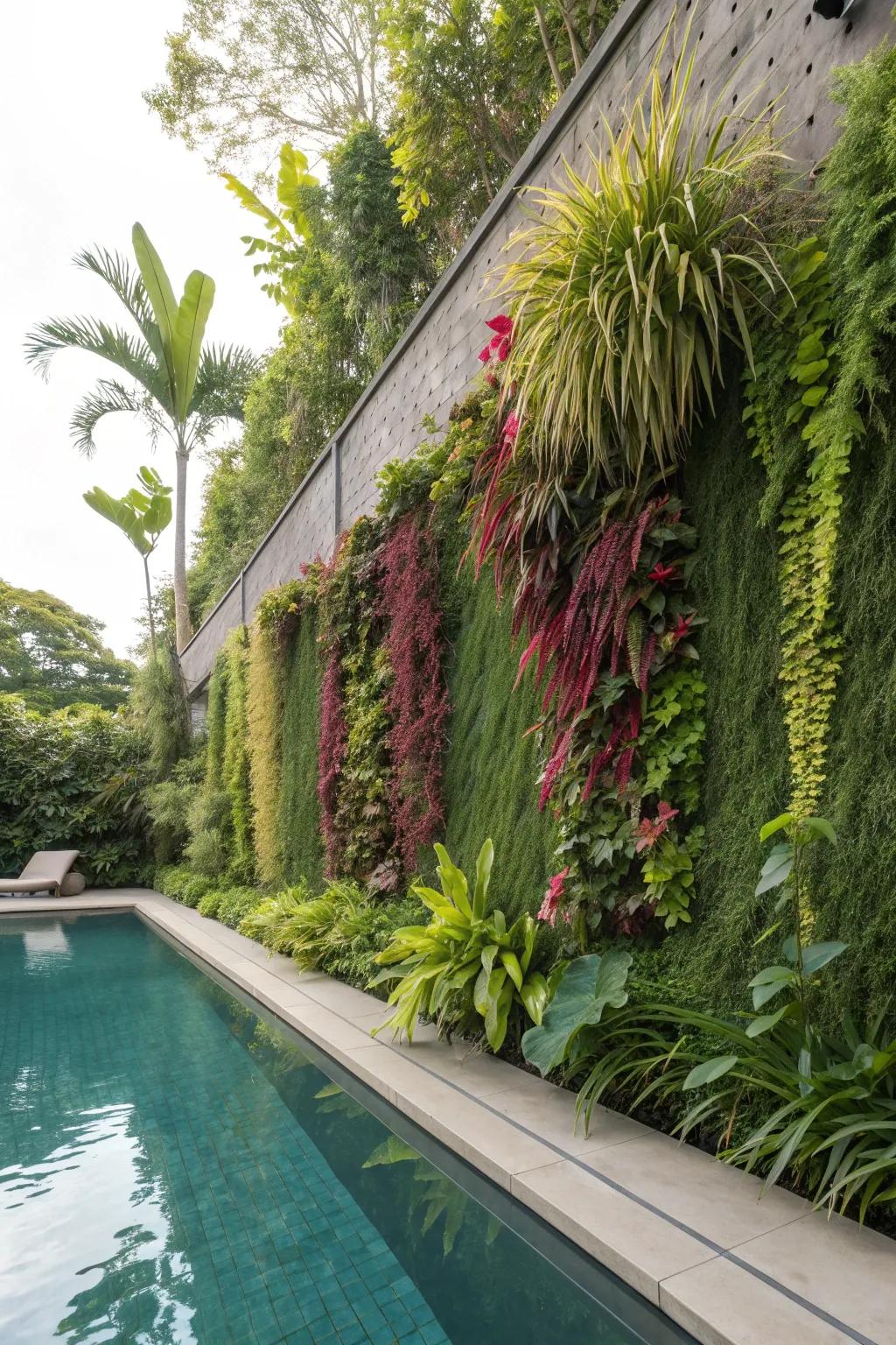 A vertical garden wall infuses natural beauty into poolside décor.