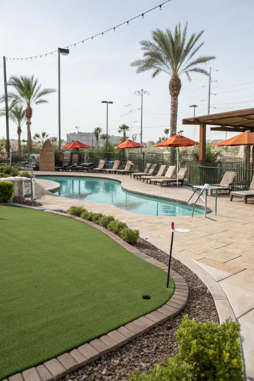 A playful putting green integrated into the poolside landscape.