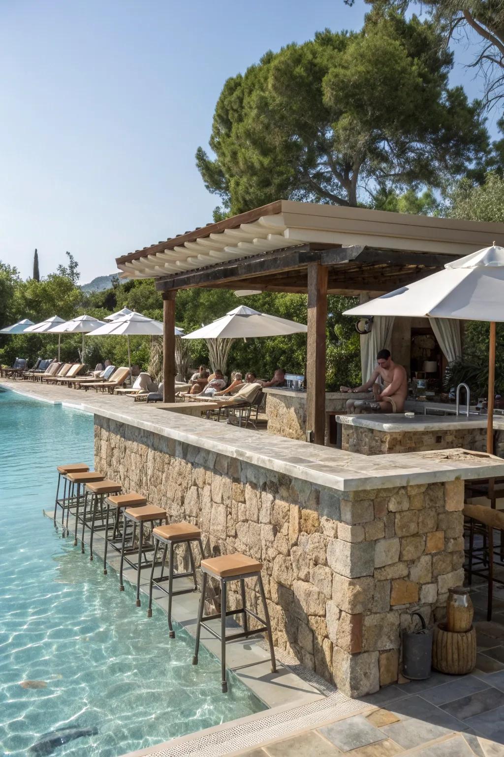 Natural stone adds elegance and durability to your swim-up bar.
