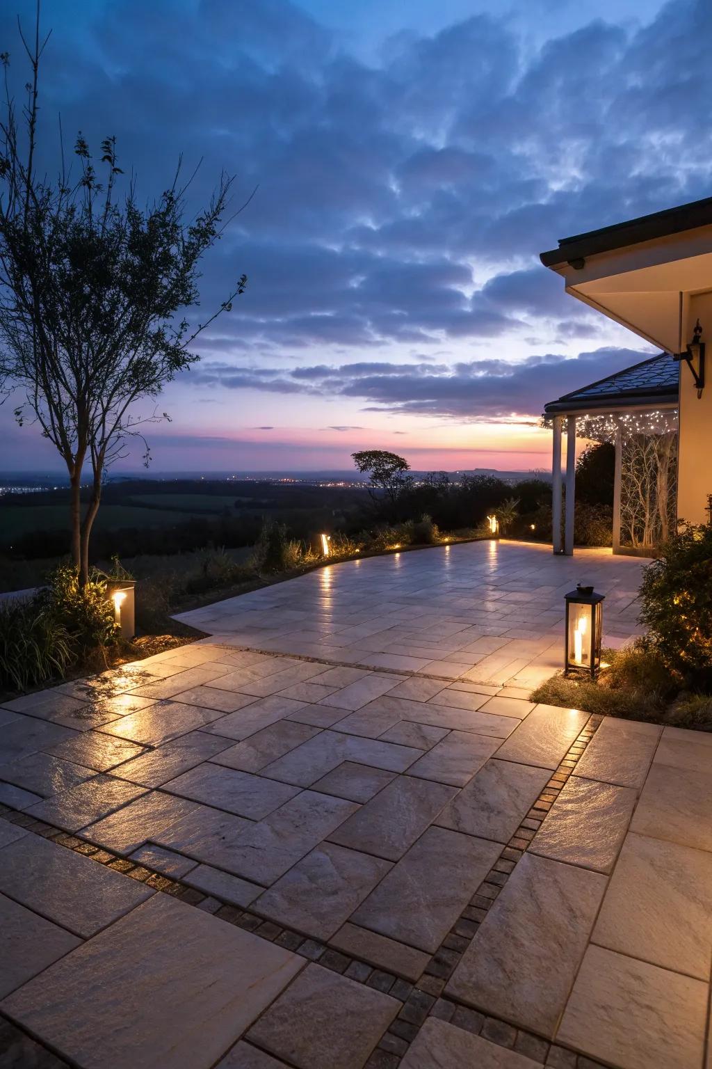Ambient lighting enhancing a porcelain patio during the evening.