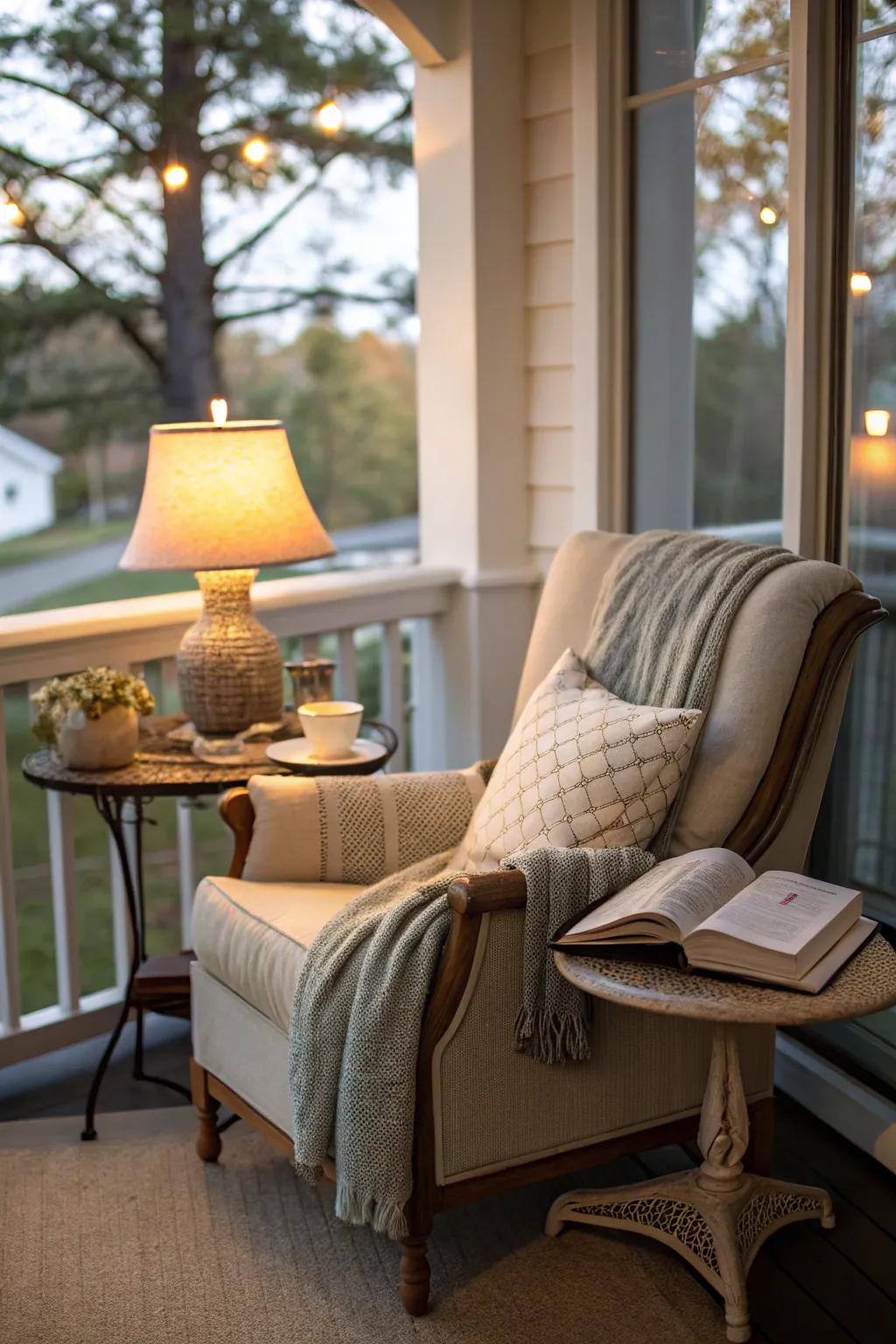 A cozy reading nook on a porch, perfect for relaxation
