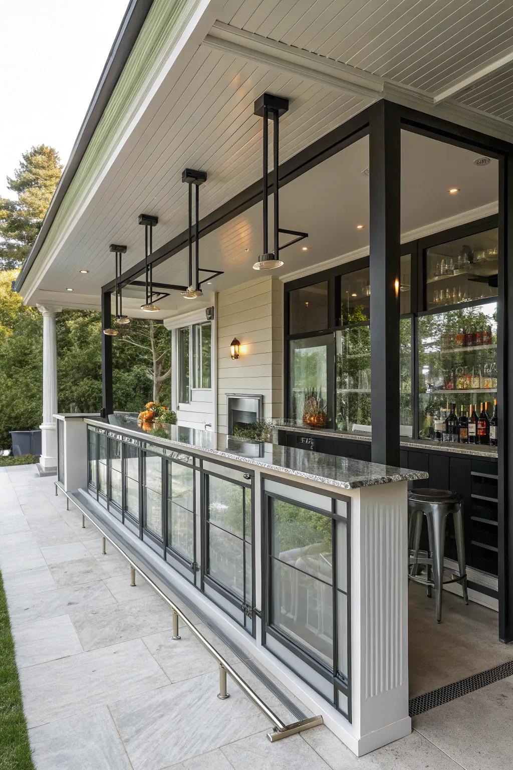Modern elements bring a sleek, contemporary flair to your porch bar.