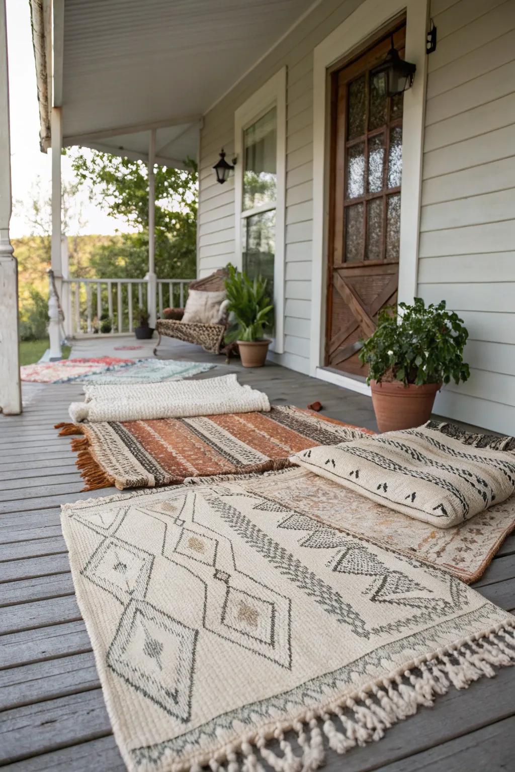 Layered rugs add depth and texture to your porch.