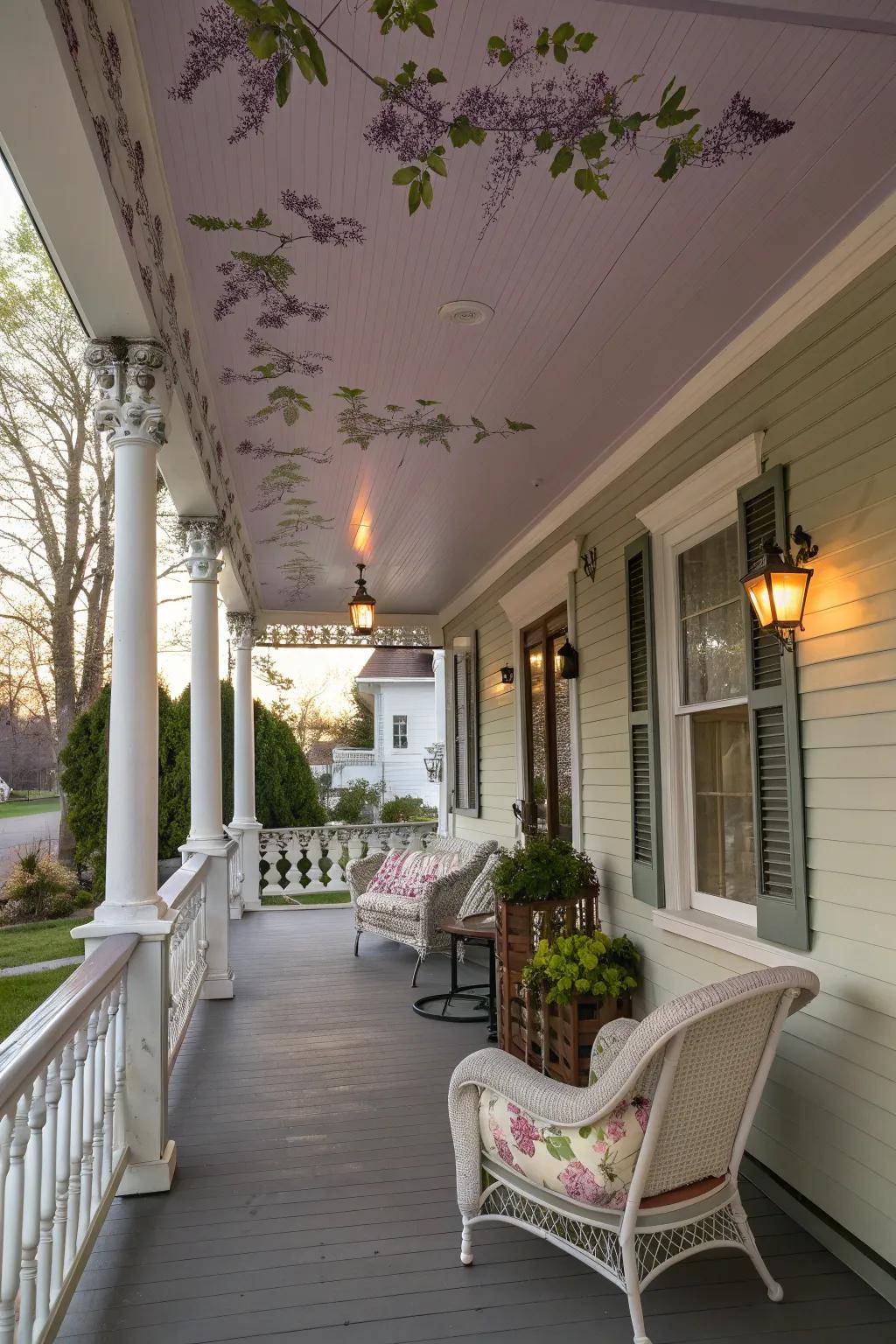 Pale lavender ceilings bring a whimsical touch to your porch.