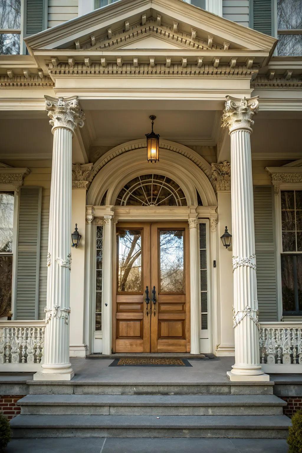 Architectural details like columns enhance this porch door's grandeur.