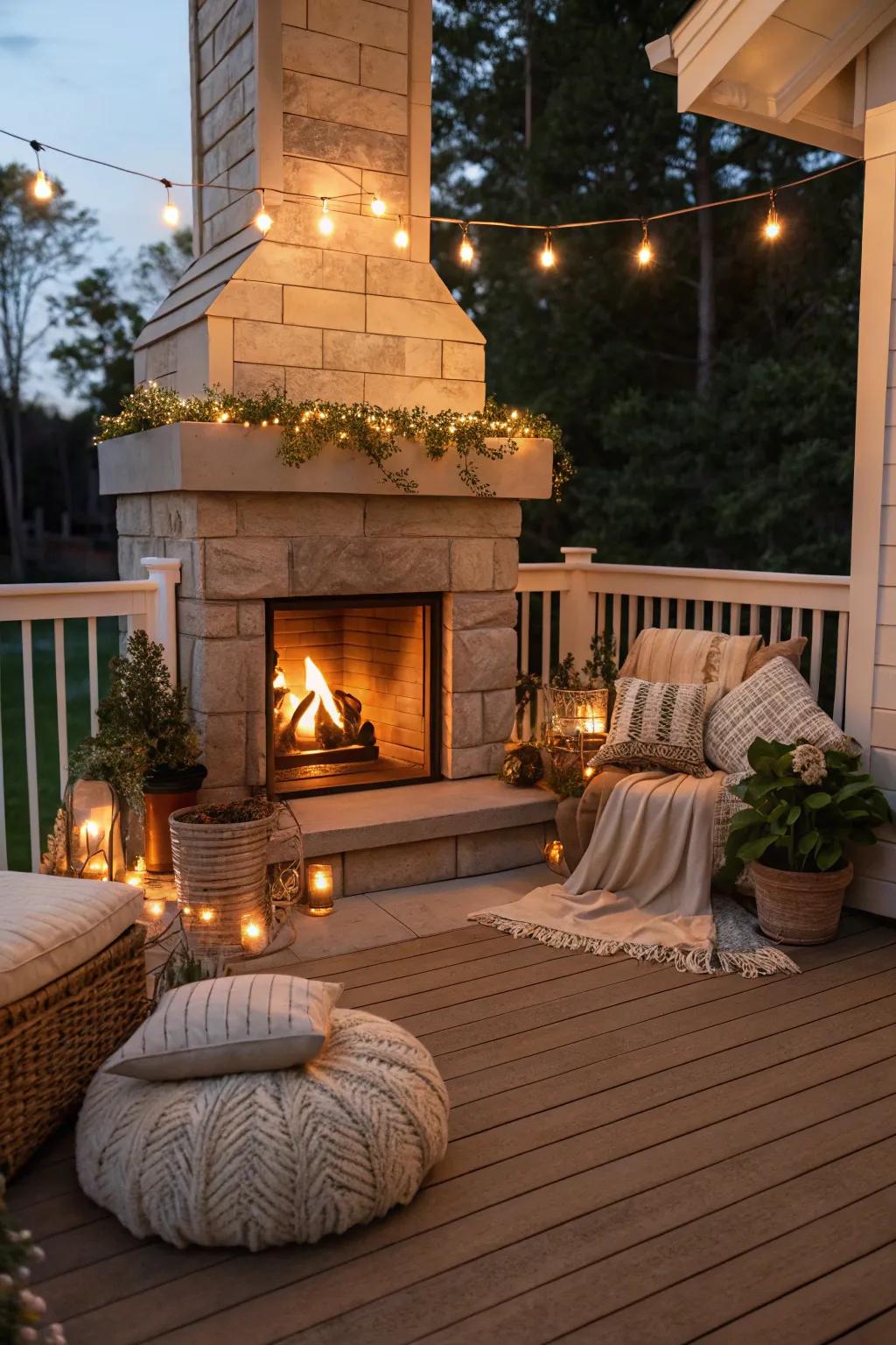 Enhance your porch fireplace with enchanting ambient lighting.