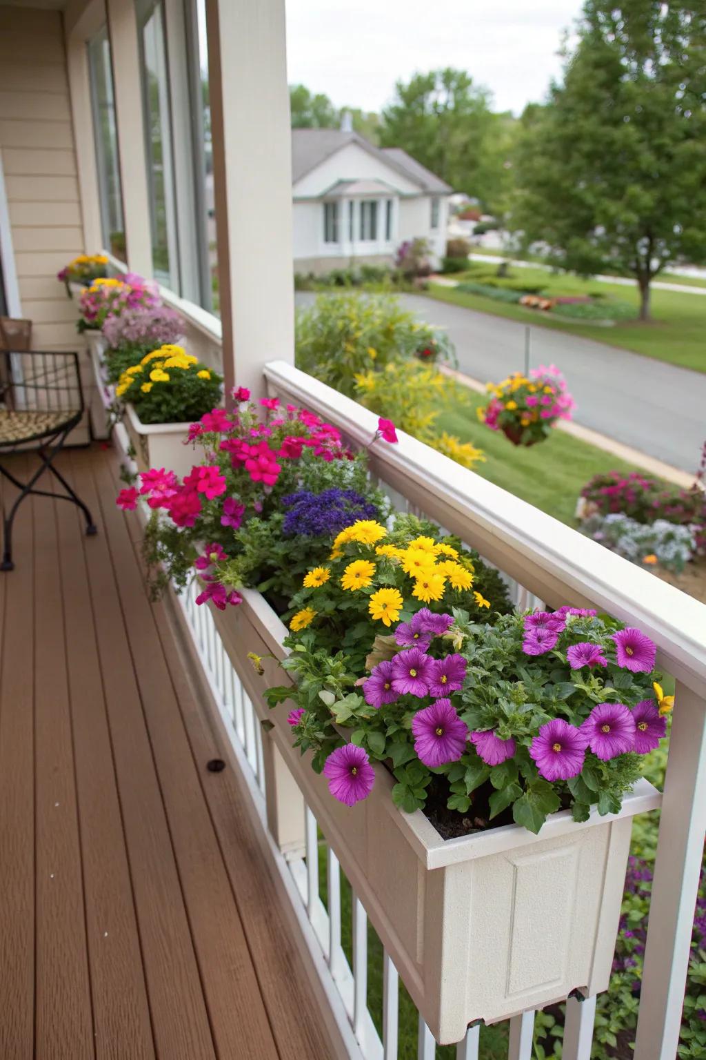Rail-mounted flower boxes save space beautifully.