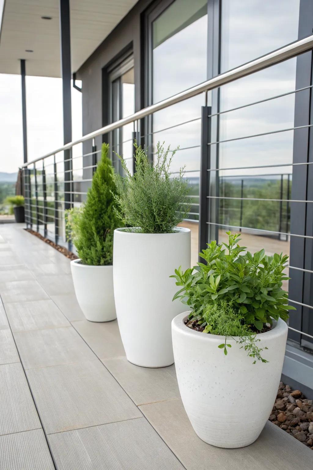 Modern minimalist flower pots bring a sleek look to the porch.