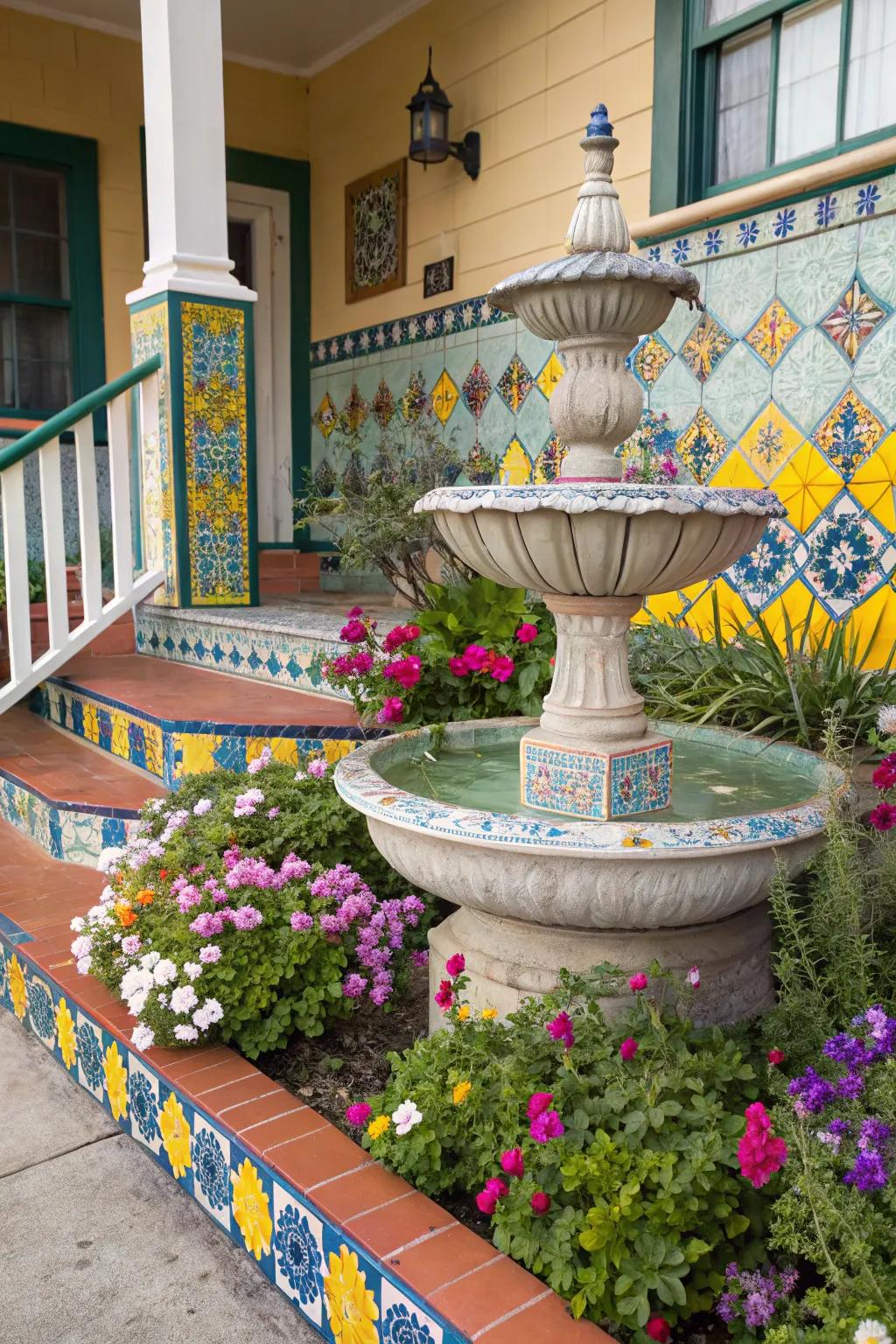 An elegant ceramic fountain offers a vibrant focal point.