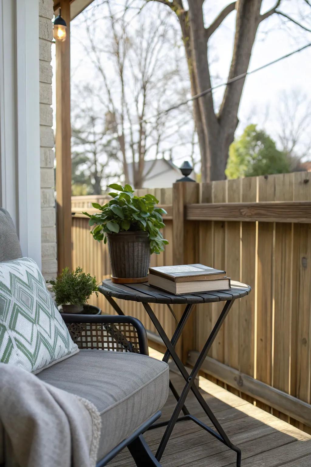 A functional side table enhances the porch's usability.