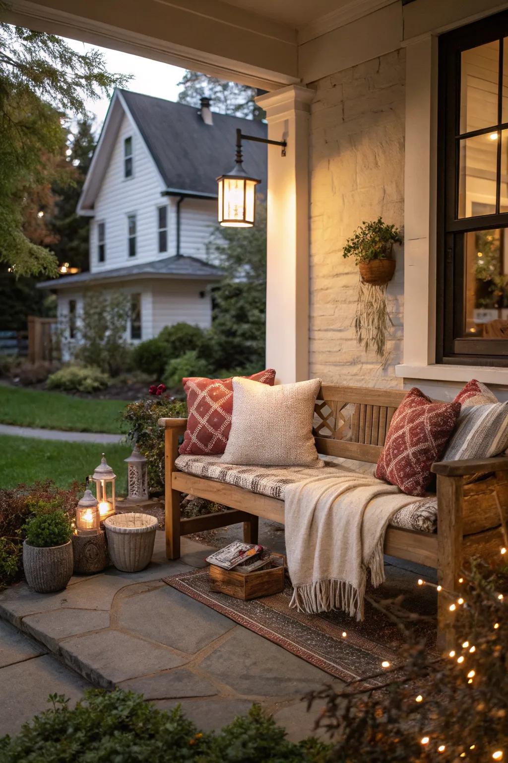 A bench adds charm and functionality to the stoop.