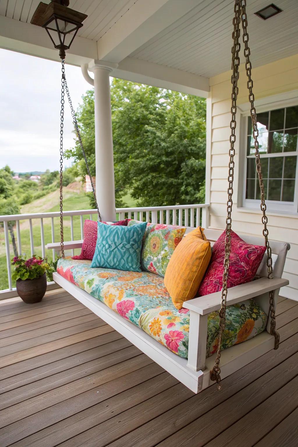 Colorful cushions bring life and comfort to your porch swing.