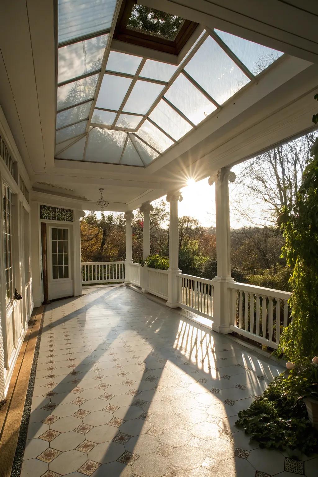 A skylight bringing additional sunlight into the porch.