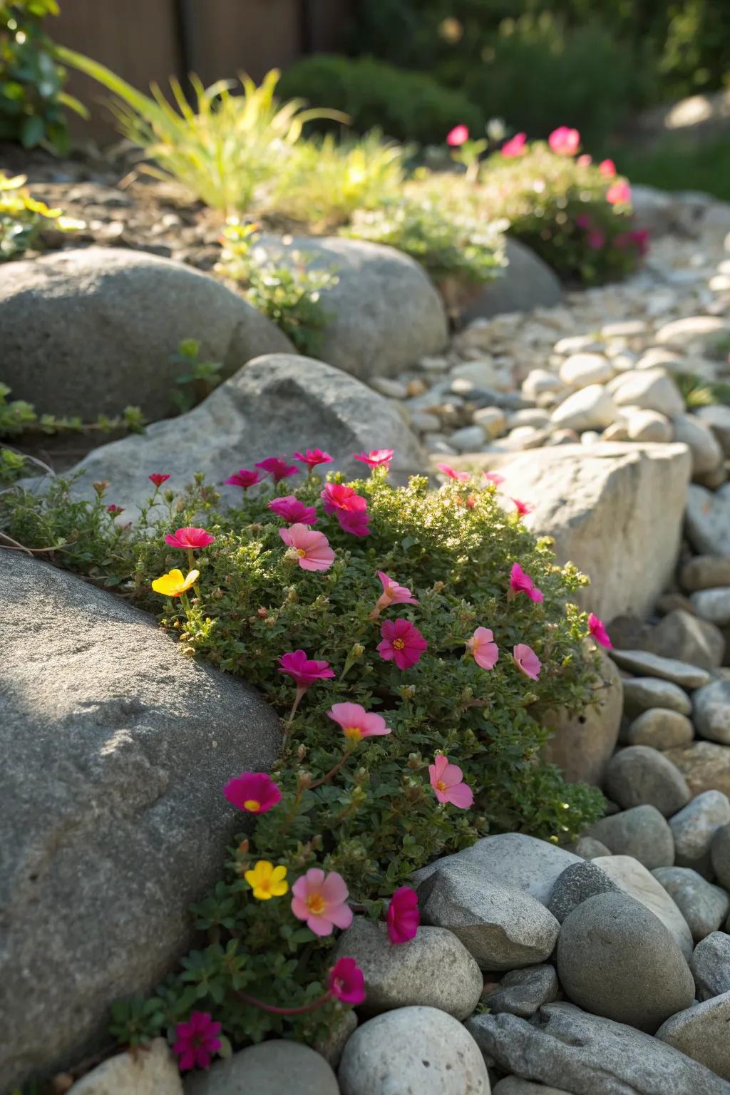 Portulaca thrives in rock gardens, adding color and resilience.