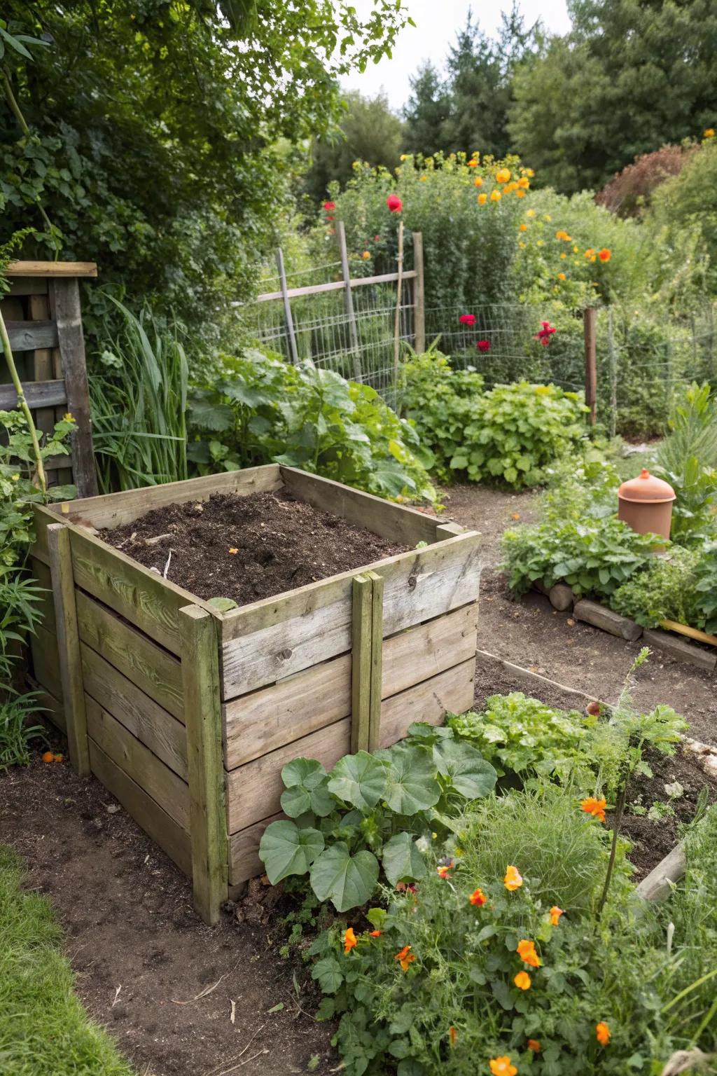 A compost bin turns plant waste into garden gold.