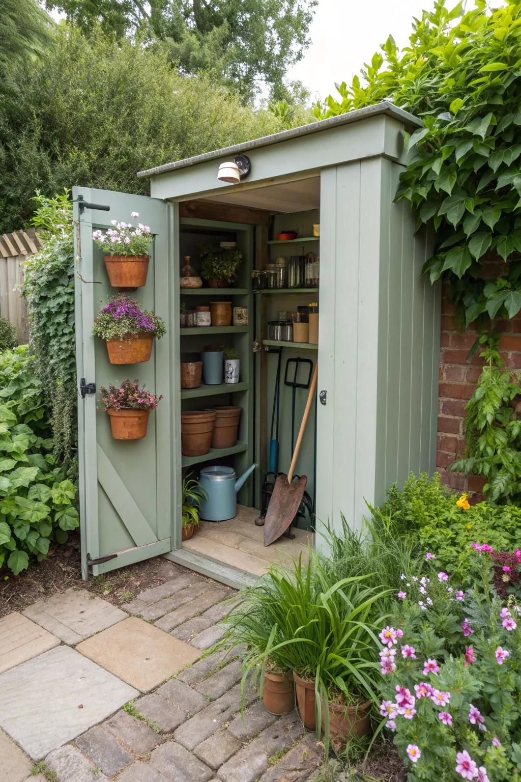 Compact potting shed with efficient vertical storage.