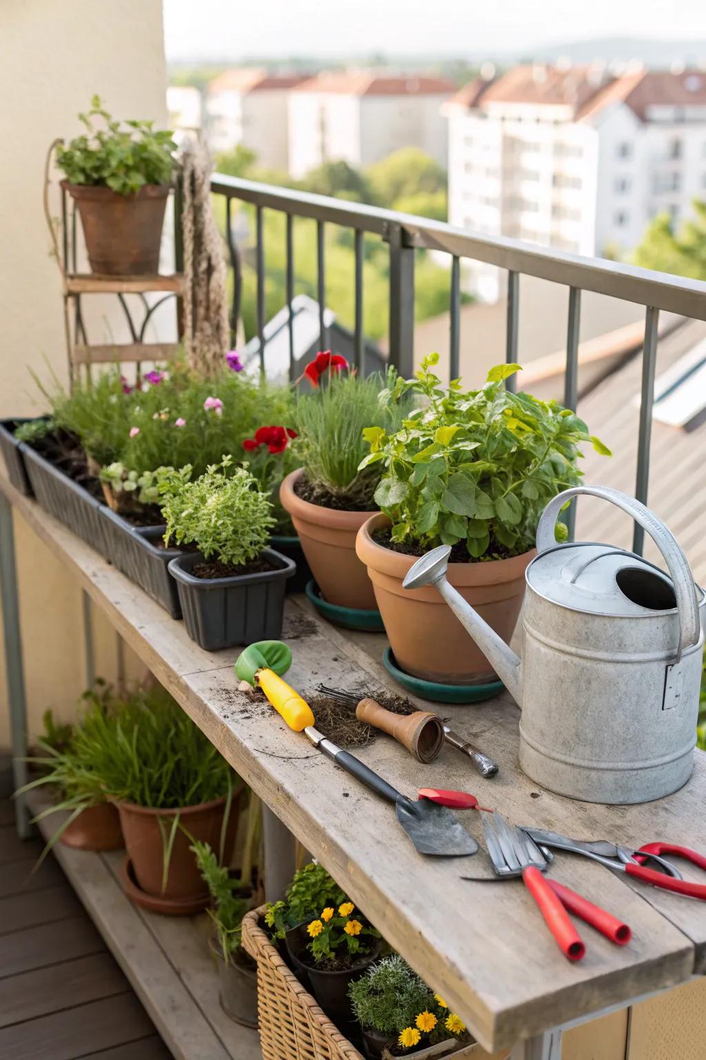 A balcony potting bench surrounded by container plants.