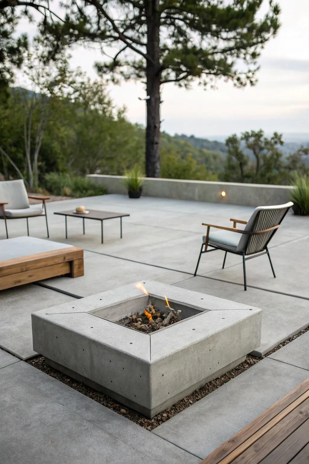A square fire pit offers a modern twist on the traditional patio.