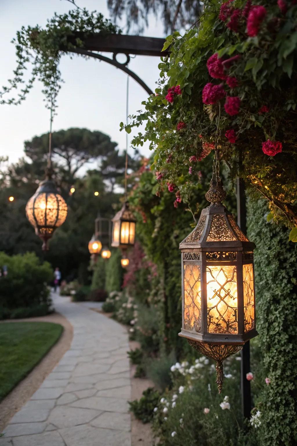 Decorative lanterns casting a warm glow in the garden at dusk.