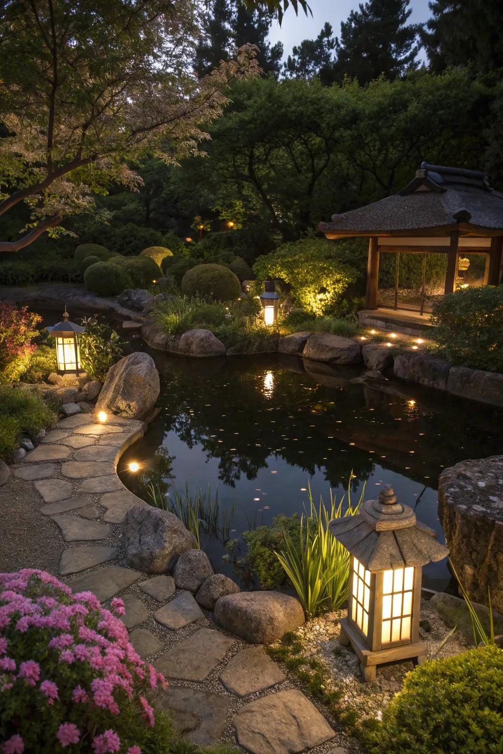 A glowing preformed pond, enchanting the garden under the starry night.
