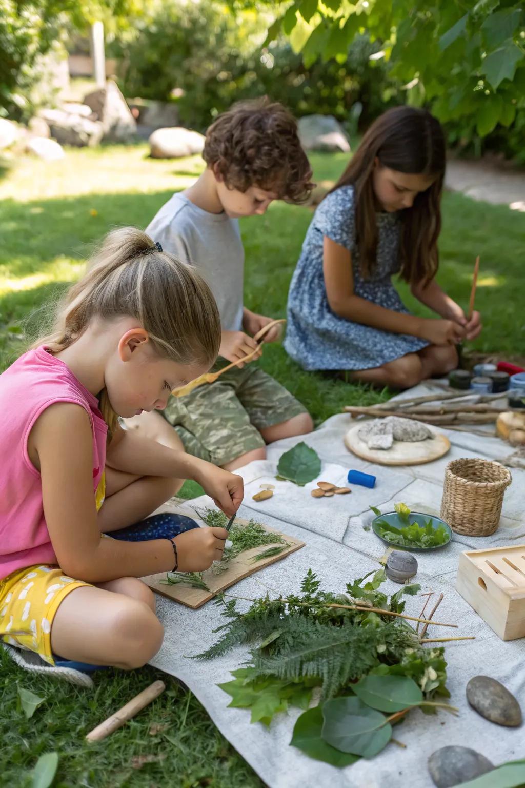 Preschoolers creating art with nature-inspired materials in an outdoor setting.