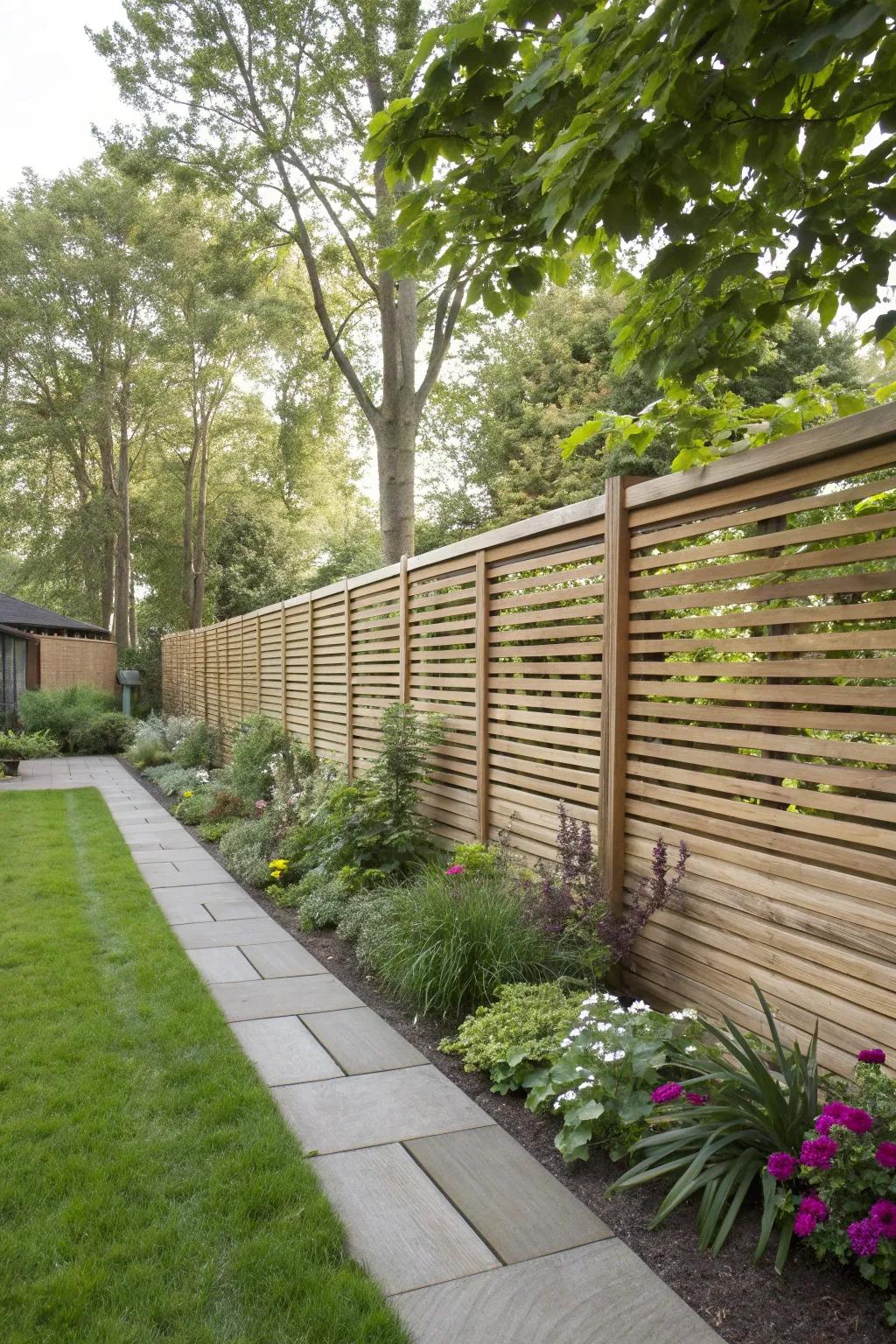Horizontal wooden slats for a modern, expansive feel.