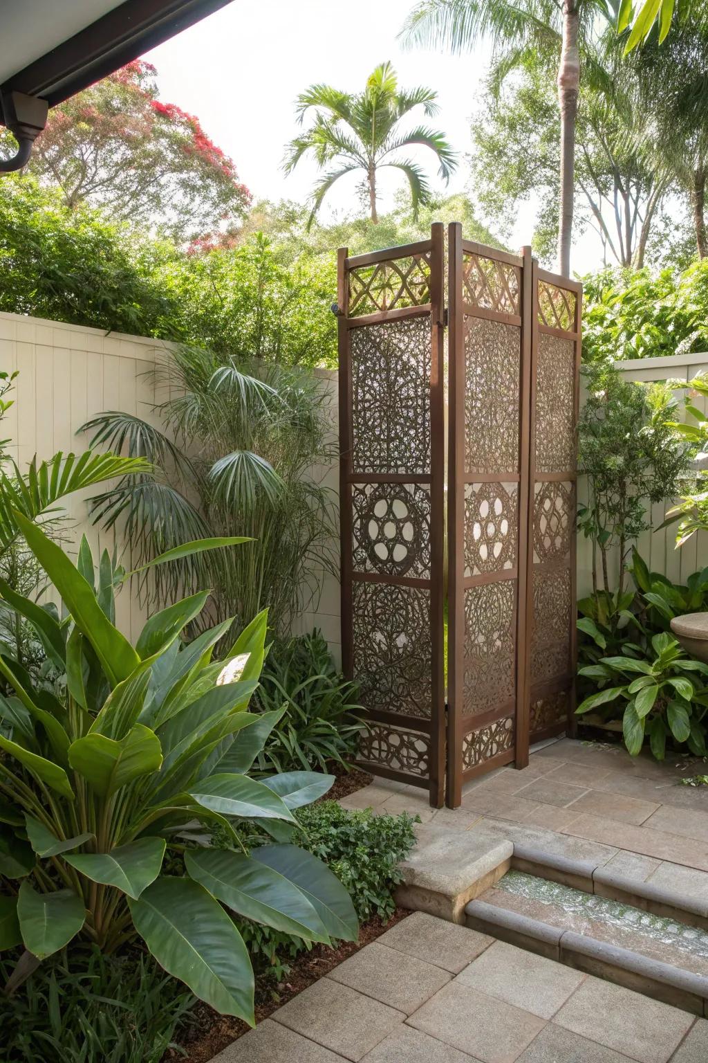 Artistic privacy screen doubling as garden decor.