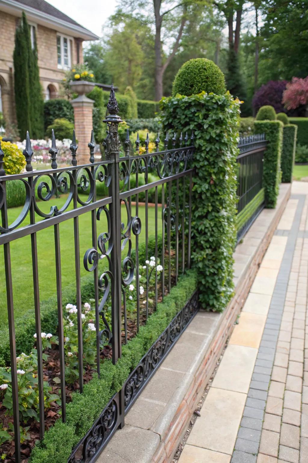 A wrought iron fence enhanced with faux greenery panels for easy privacy.
