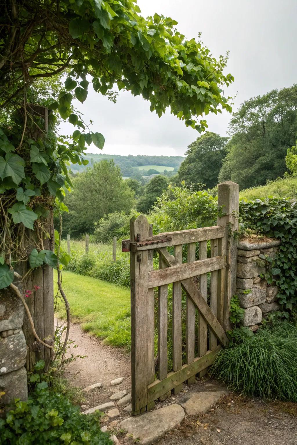 Rustic wooden gates bring warmth and a natural feel to your entrance.