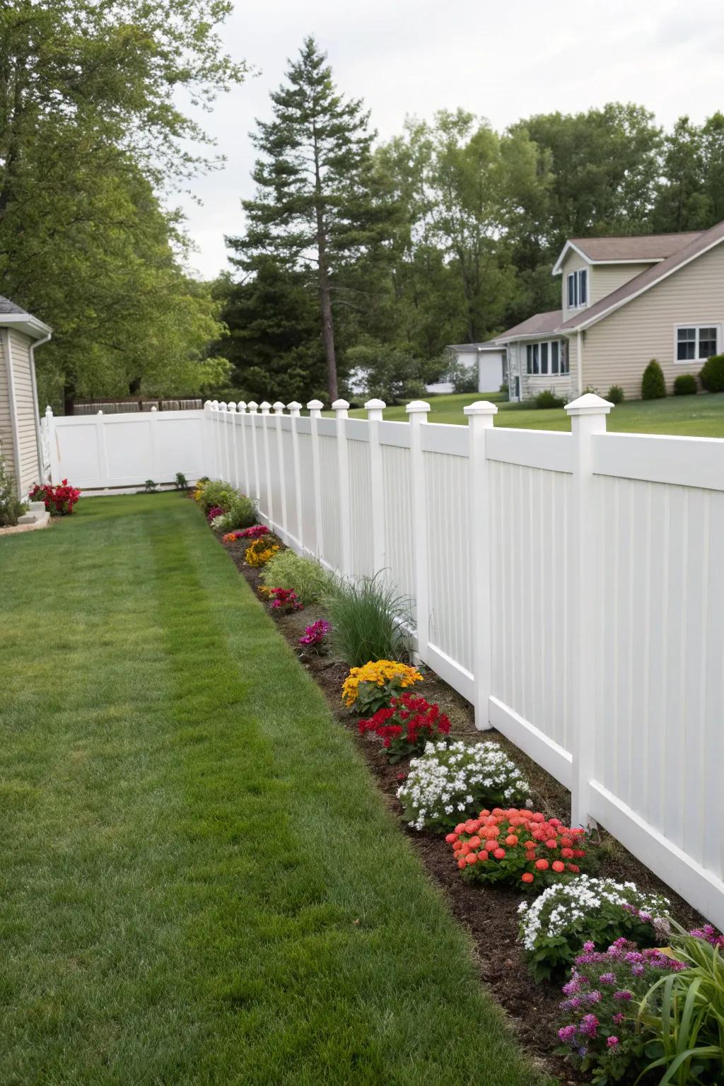 Clean and durable vinyl fencing in a suburban landscape.