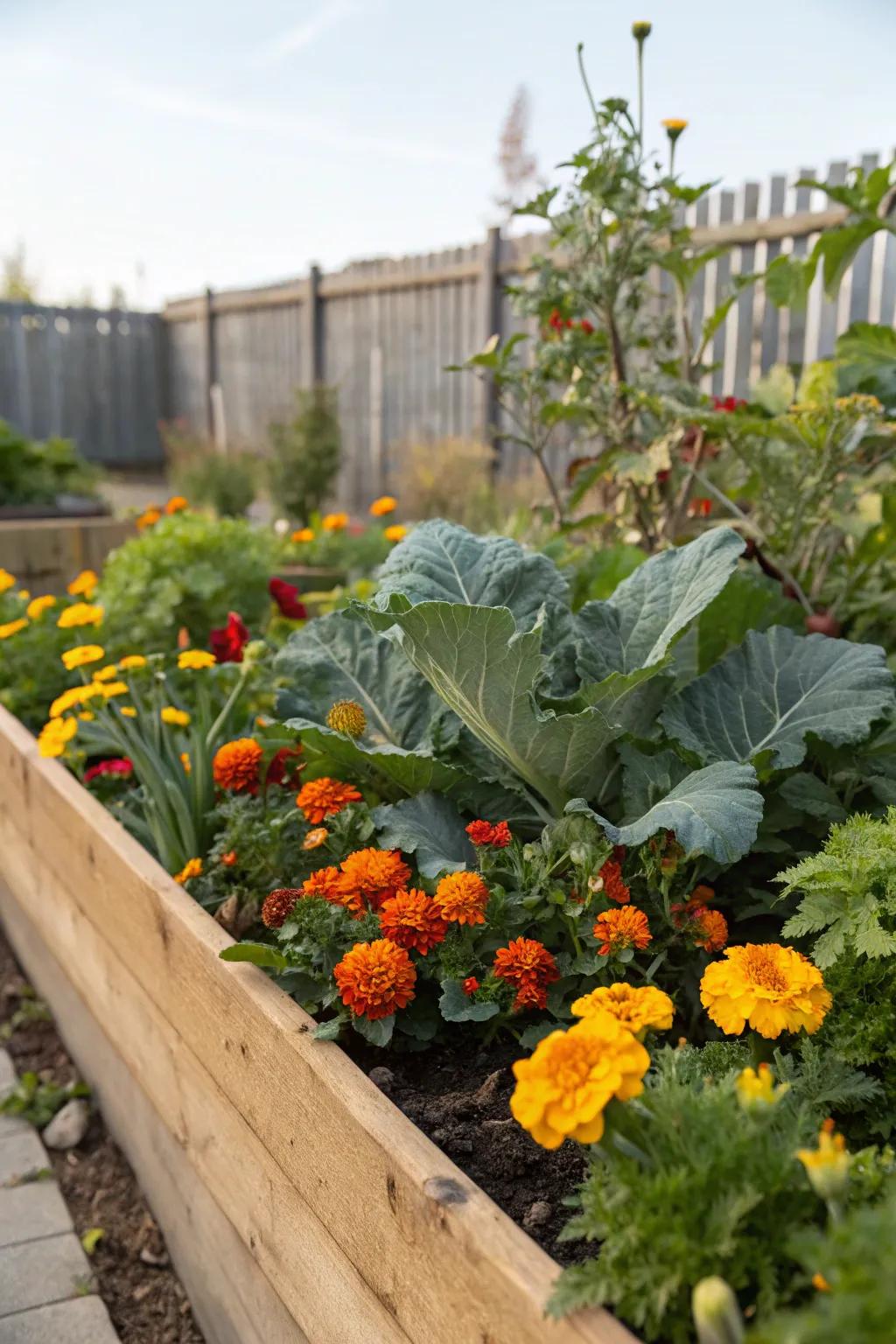 Companion planting with marigolds naturally deterring pests.