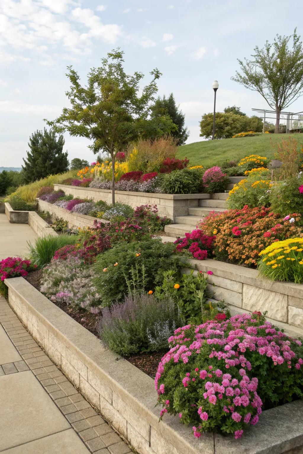 Lush layered planting beds teeming with color.