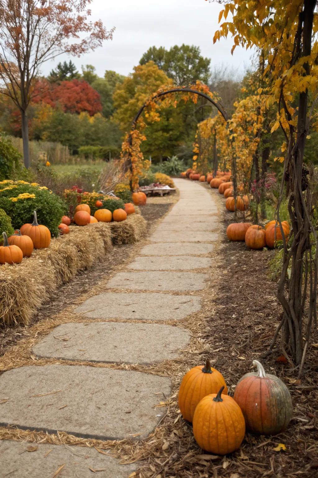 A picturesque garden path adorned with pumpkins and natural mulch.