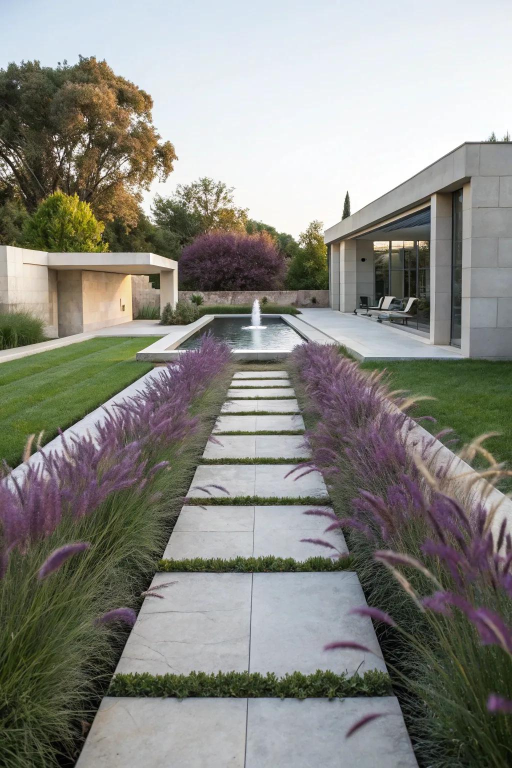 Modern minimalism enhanced by the elegance of purple fountain grass.