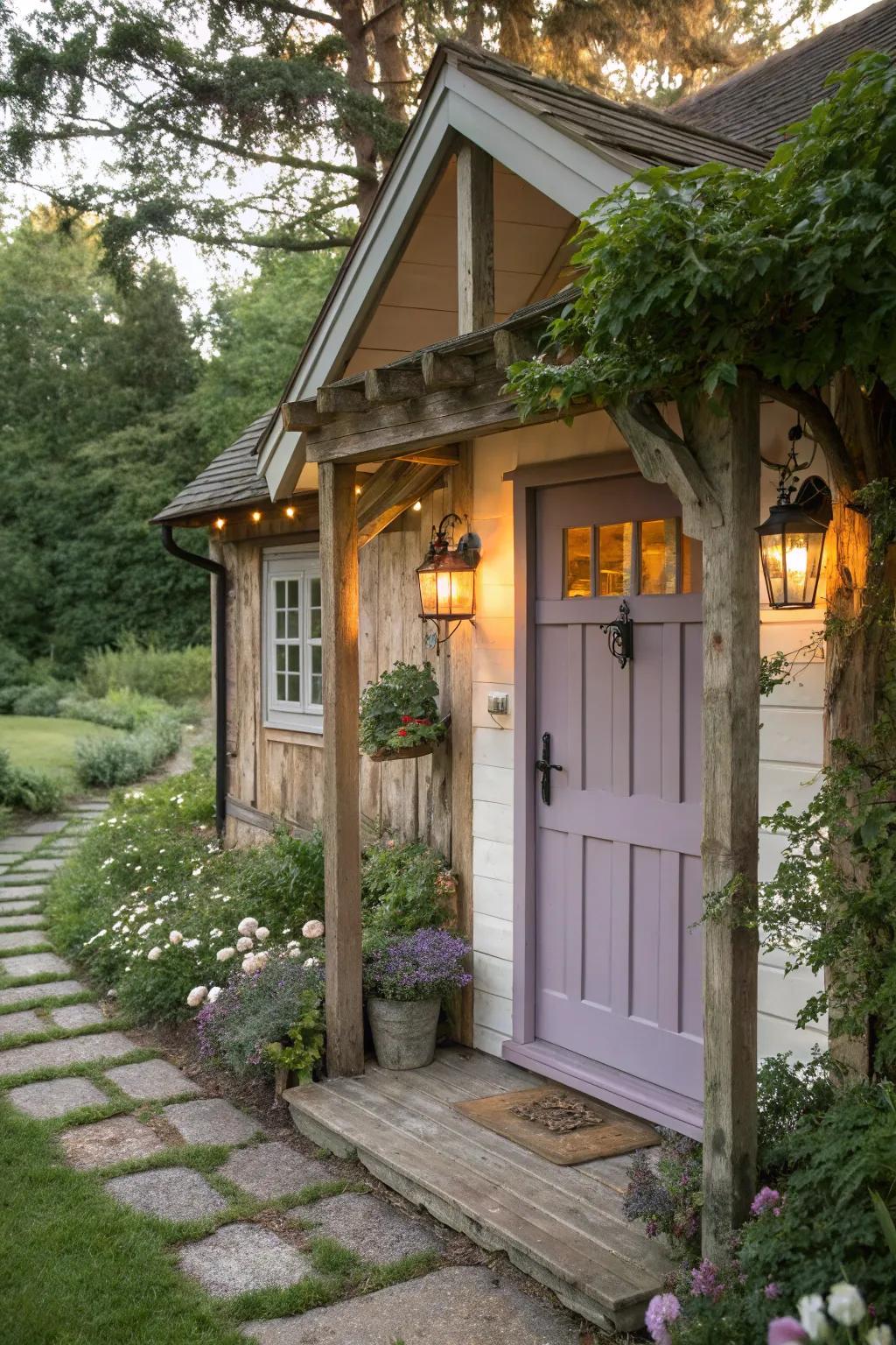 Lilac doors exude charm and whimsy, perfect for a cottage-style home.