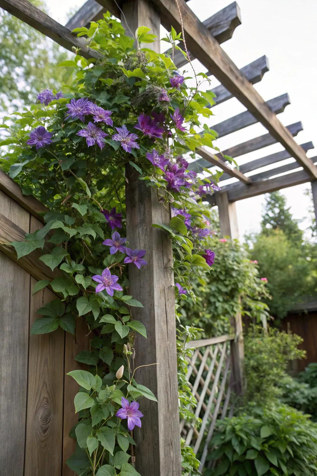 Clematis vines creating a stunning vertical bloom display.