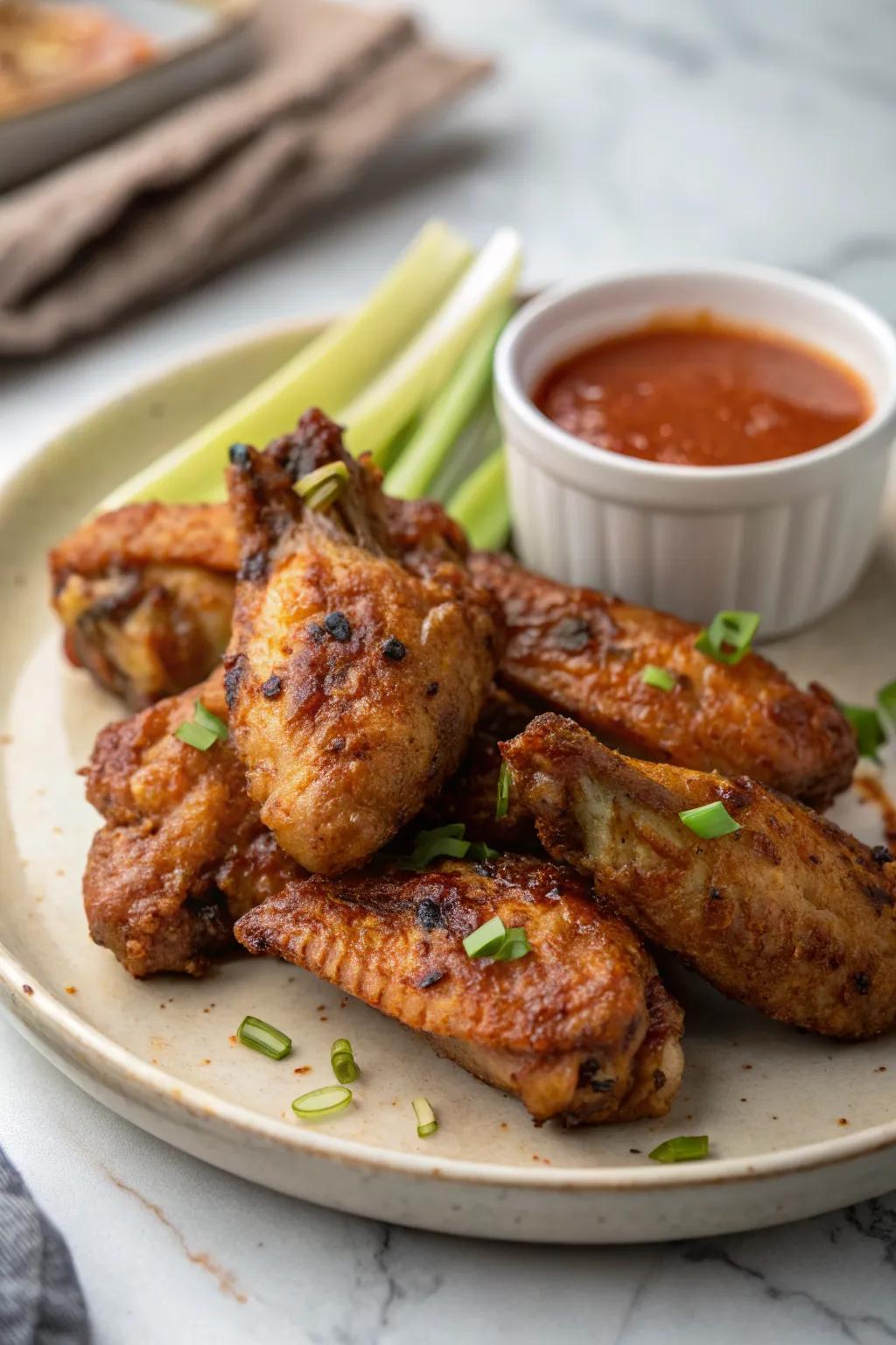 Crispy grilled chicken wings, perfect for dipping.