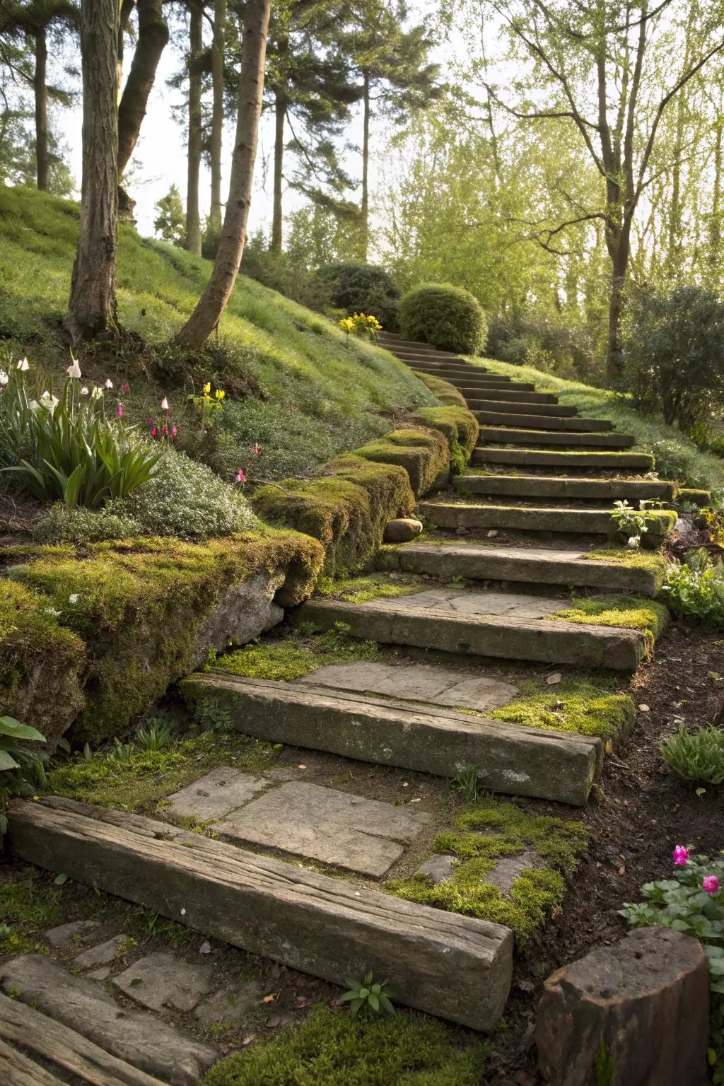 Rustic garden steps crafted from railroad ties.