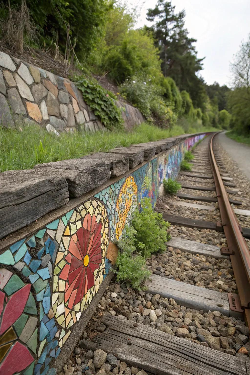 An artistic mosaic embedded in a railroad tie wall, showcasing vibrant colors and unique design.