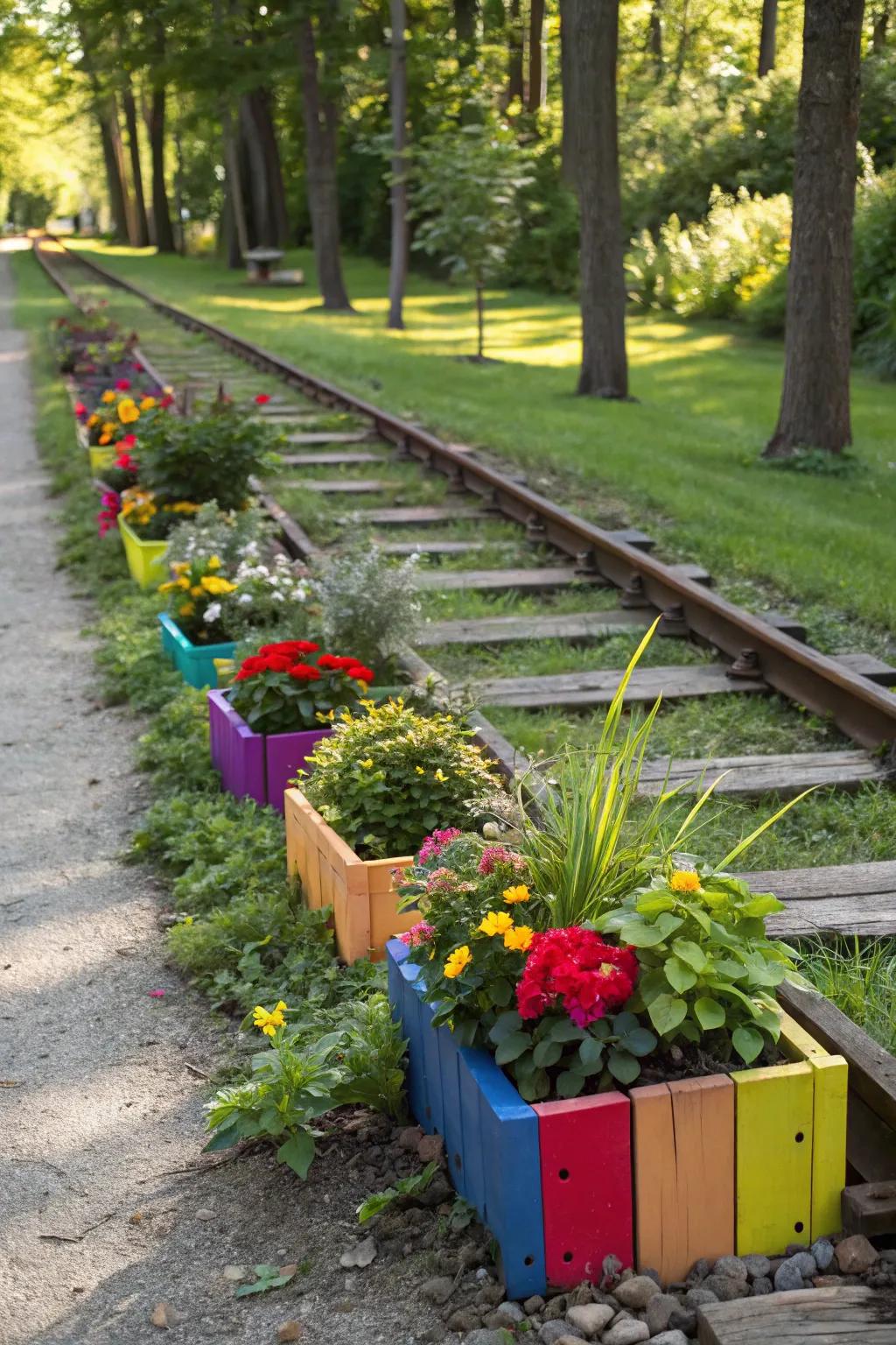 Railroad ties with planters add color to walkways.