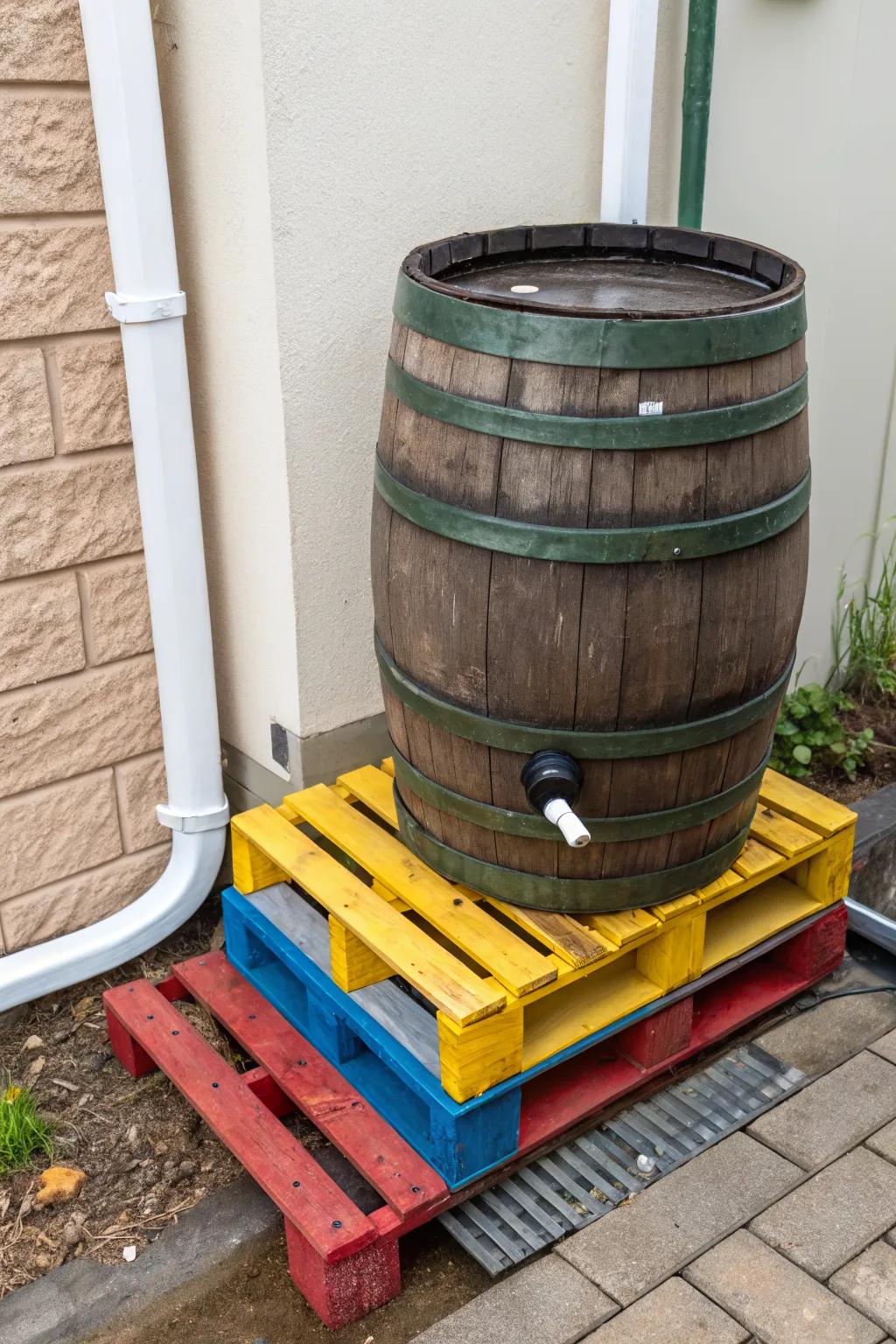 A painted pallet stand adding vibrant colors to the garden