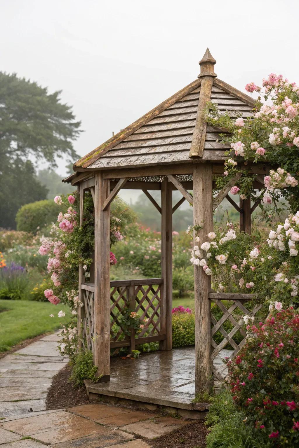 A rustic wooden frame canopy adding charm to the garden.